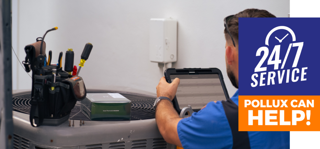 pollux air hvac specialist diagnosing ac unit 24/7 service banner